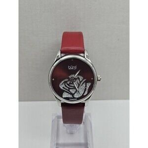 Burgi BUR189RD Womens Diamond Flower Dial Red Leather Quartz Watch New Battery